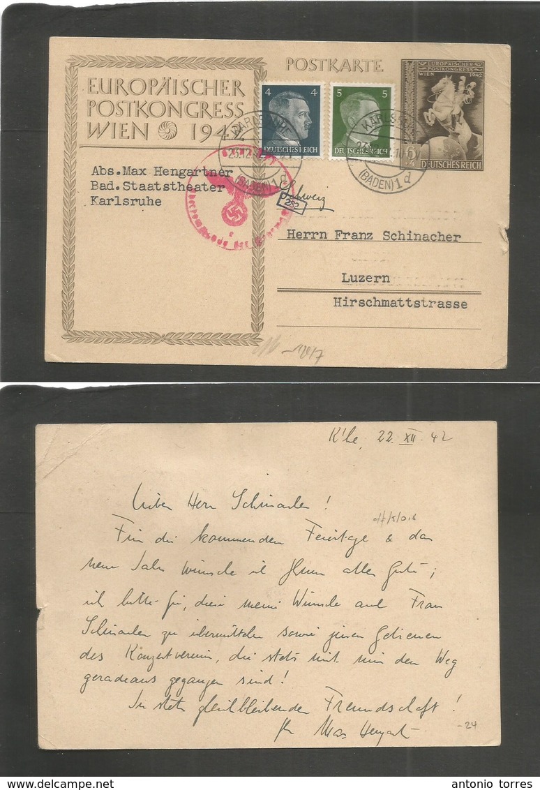 Germany - Xx. 1942 (23 Dec) Karlsruhe - Switzerland, Luzern. 6+4m Stat Wien Congress Stat Card + 2 Adtls Cds. Nice + Naz - Autres & Non Classés