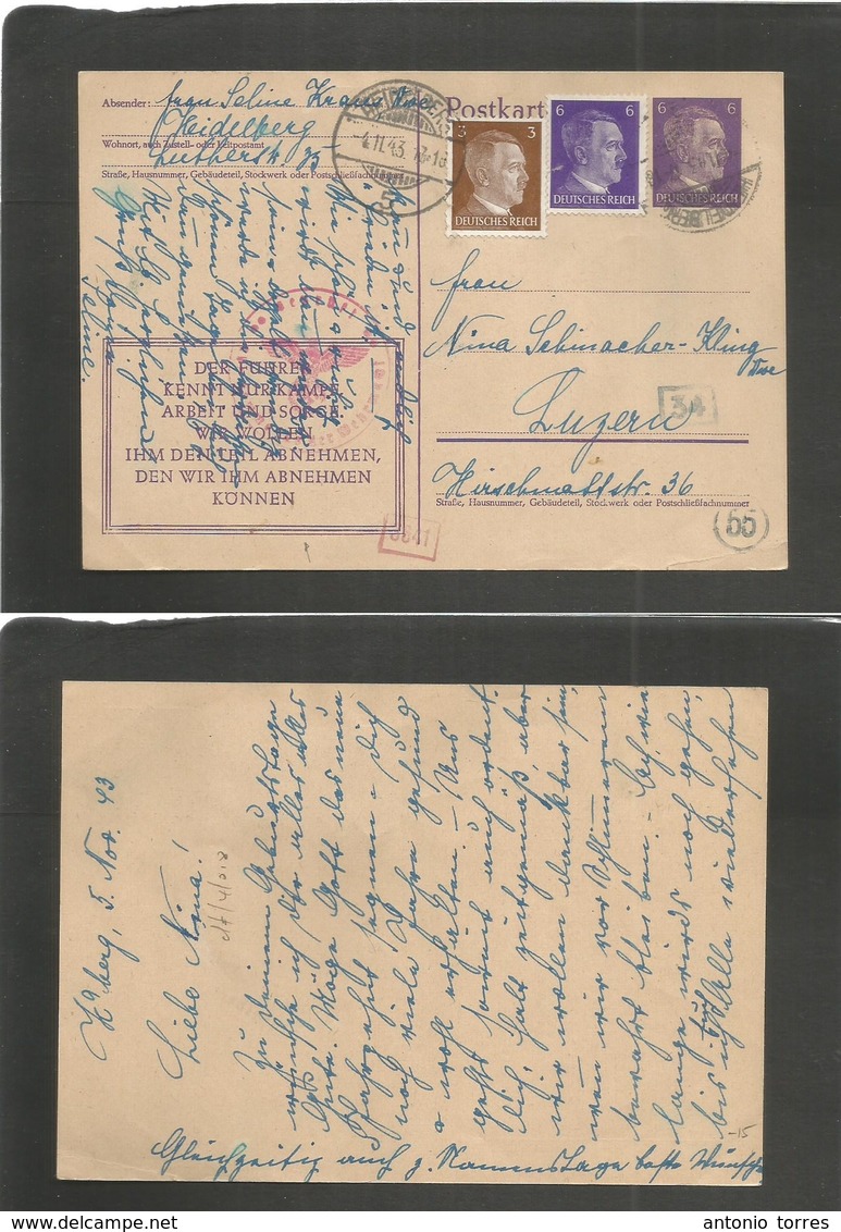 Germany - Xx. 1943 (4 Nov) Heidelberg - Switzerland, Luzern. 6m Lilac Stat Card + 2 Adtls. Hitlar, Tied Cds + Censor. Sl - Autres & Non Classés