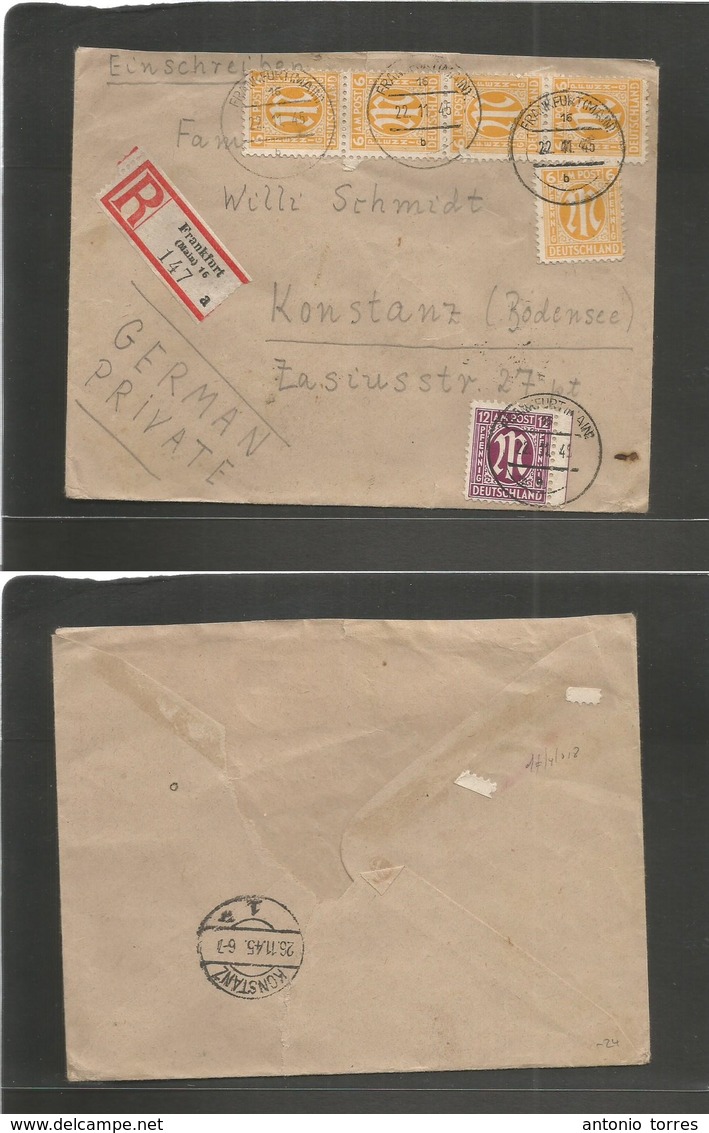 Germany - Xx. 1945 (22 Nov) Frankfurt - Konstanz, Baden. Registered Multifkd Envelope. Fine. - Autres & Non Classés