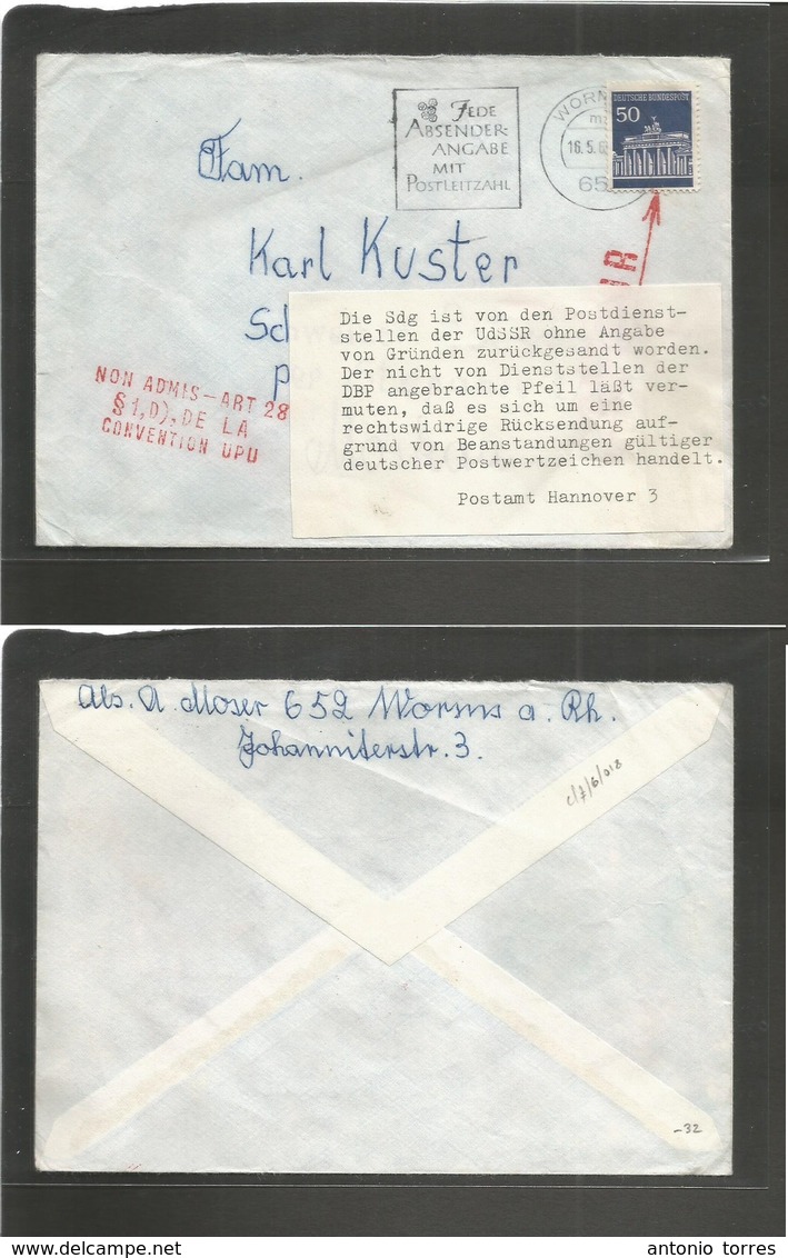 Germany - Xx. 1965 (16 May) Worms - Russia, Moscow. Fkd Envelope + REJECTED For Showing Parlament Stamp Red Cachet + Spe - Autres & Non Classés