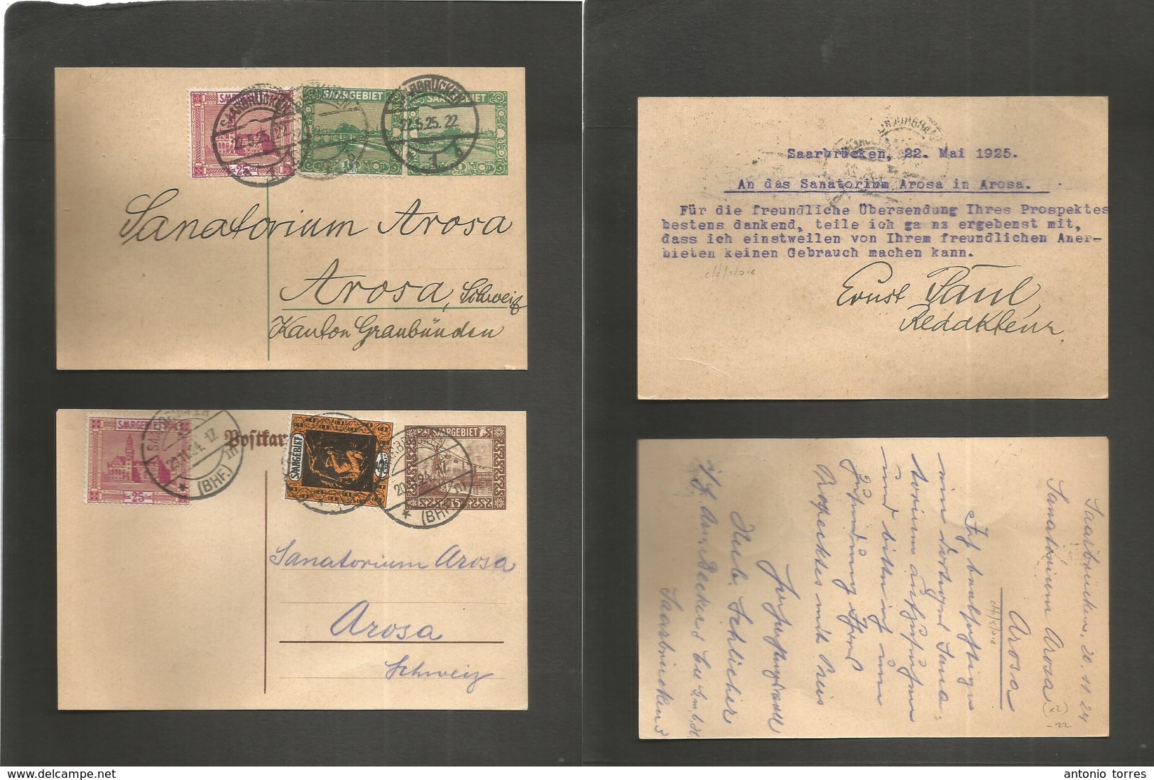 Sarre. 1924-5. Two Diff Stat Cards + Adtls, Addressed To Switzerland, Arosa. XF Pair. - Autres & Non Classés