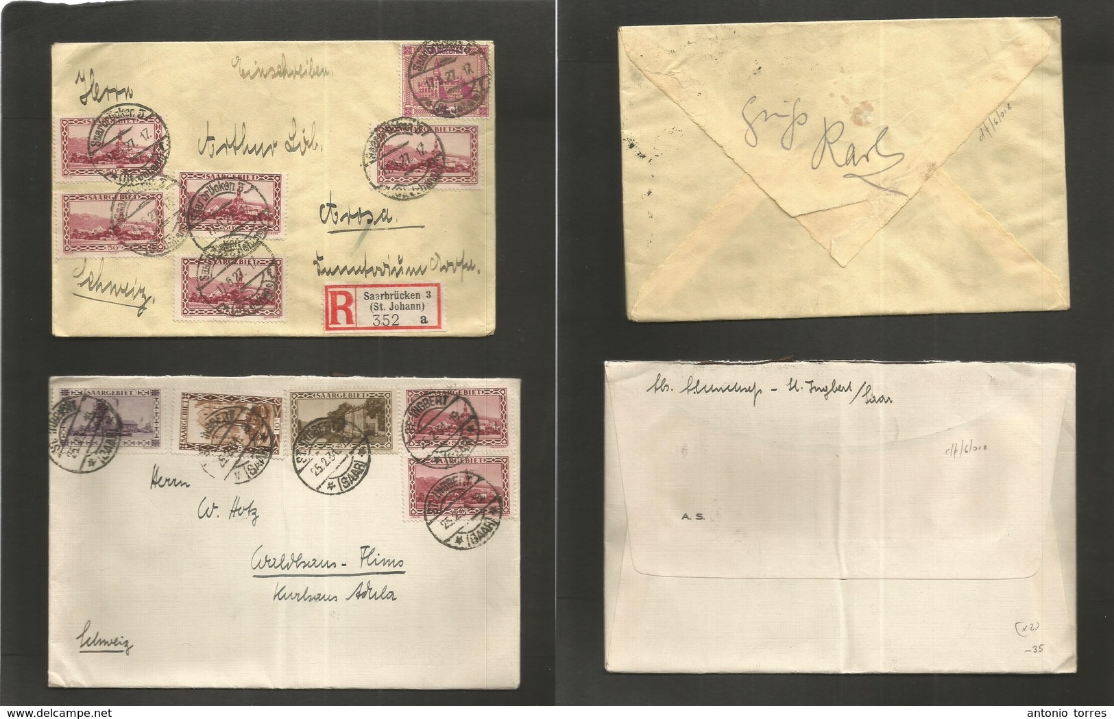 Sarre. 1927-31. Two Multifkd Envelopes To Switzerland. One Is Registered. VF Pair. - Autres & Non Classés