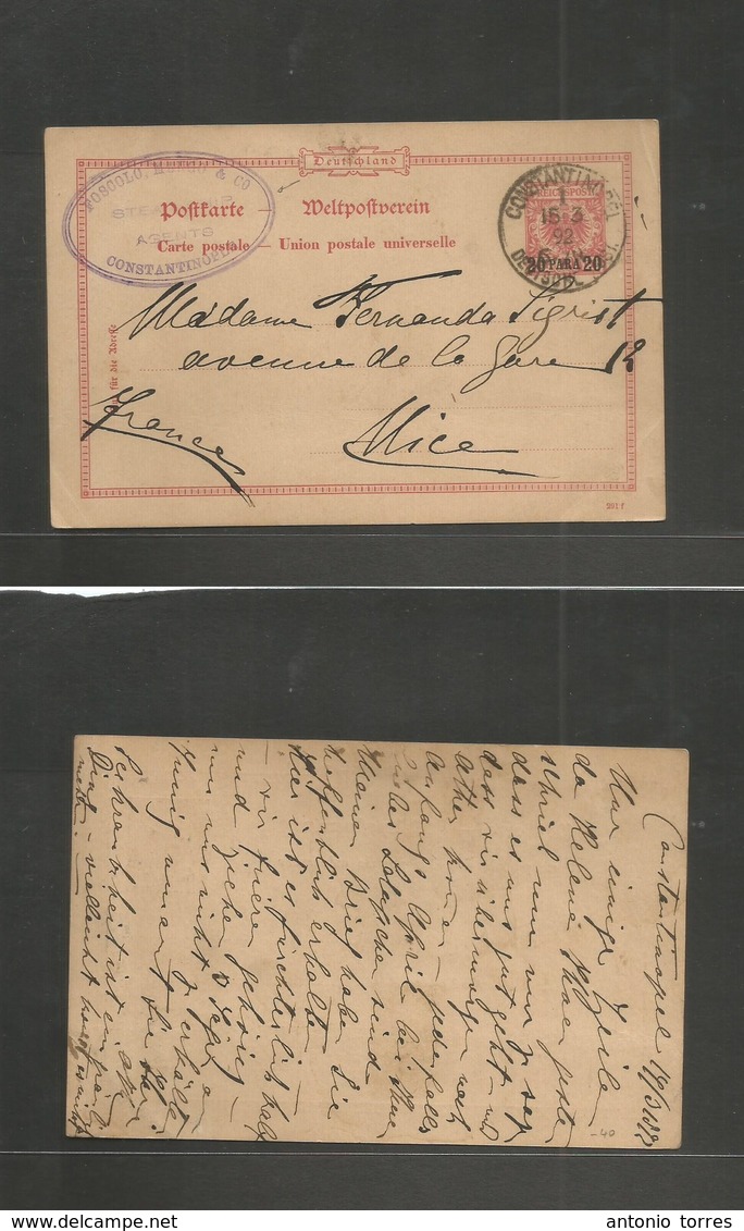 German Levant. 1892 (15 March) Constantinople - France, Nice. 20 Para Ovptd Eagle Stat Card. Steamship Agents Oval Cache - Sonstige & Ohne Zuordnung