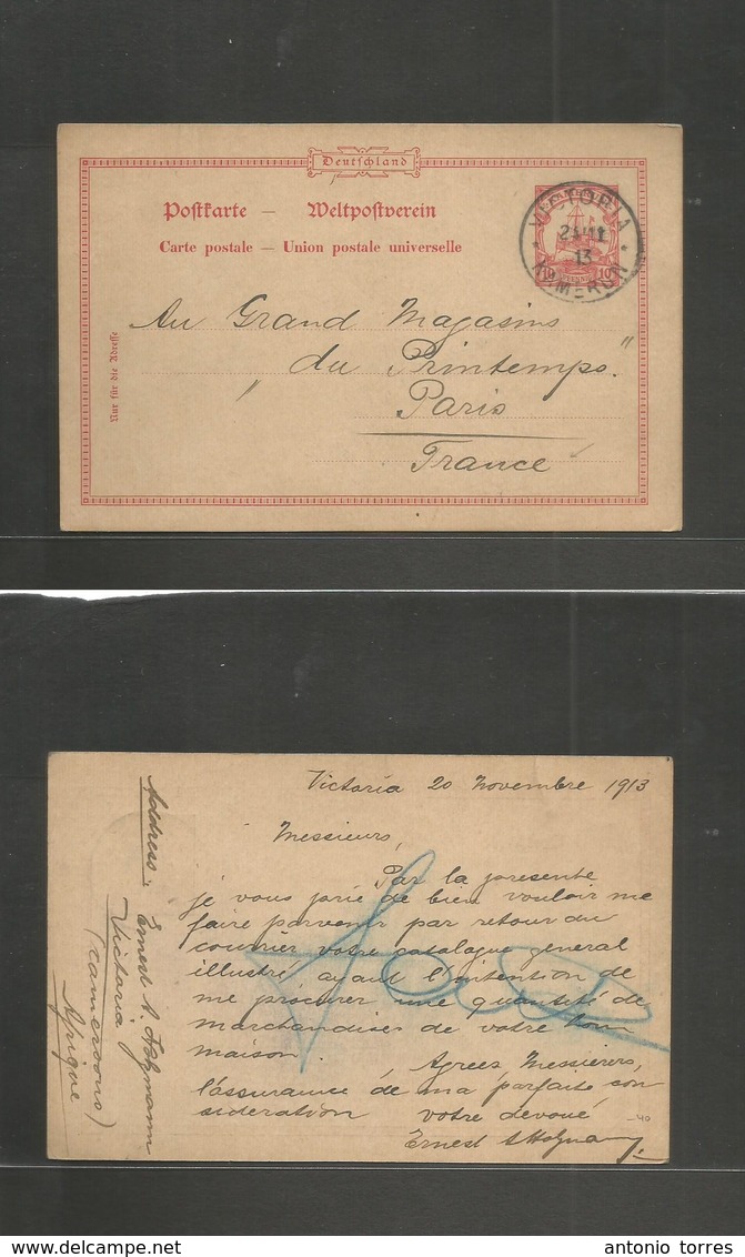 German Col-Camerun. 1913 (20-21 Nov) Victoria - France, Paris. 10 Pf Red Stat Card, Cds. Long Comercial Text / Private U - Autres & Non Classés