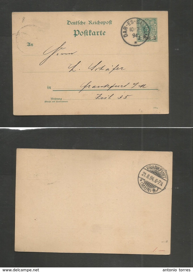 German Col-East Africa. 1894 (10 July) Dar Es Salaam - Germany. Frankfurt 3 Para / 5 Pf Green Ovtpd Stat Card, Cds. Fine - Autres & Non Classés