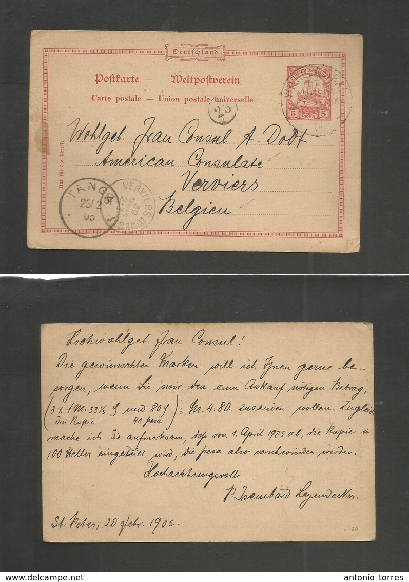 German Col-East Africa. 1905 (20 Febr) St. Peter, Willielmhavn - Belgium, Verviers (30 March) Via Tanga (23 Feb) 5 Pesa  - Autres & Non Classés