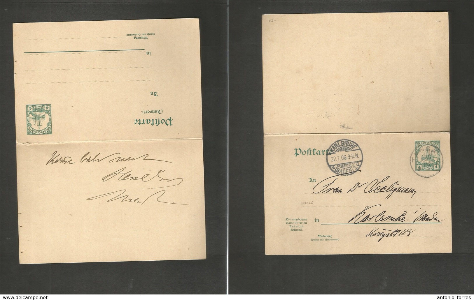 German Col-East Africa. 1906 (5 July) Tanga - Karlsrube, Germany (22 July) Doble 4sh Green Stat Card On Way Out. Regards - Autres & Non Classés