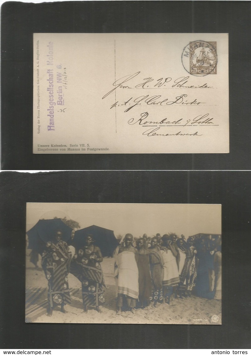 German Col-East Africa. 1908 (26 March) Minanza - Germany, Rombach. Photo Peasants 2 1/2fr Brown Stat Card, Cds. Fine Us - Autres & Non Classés