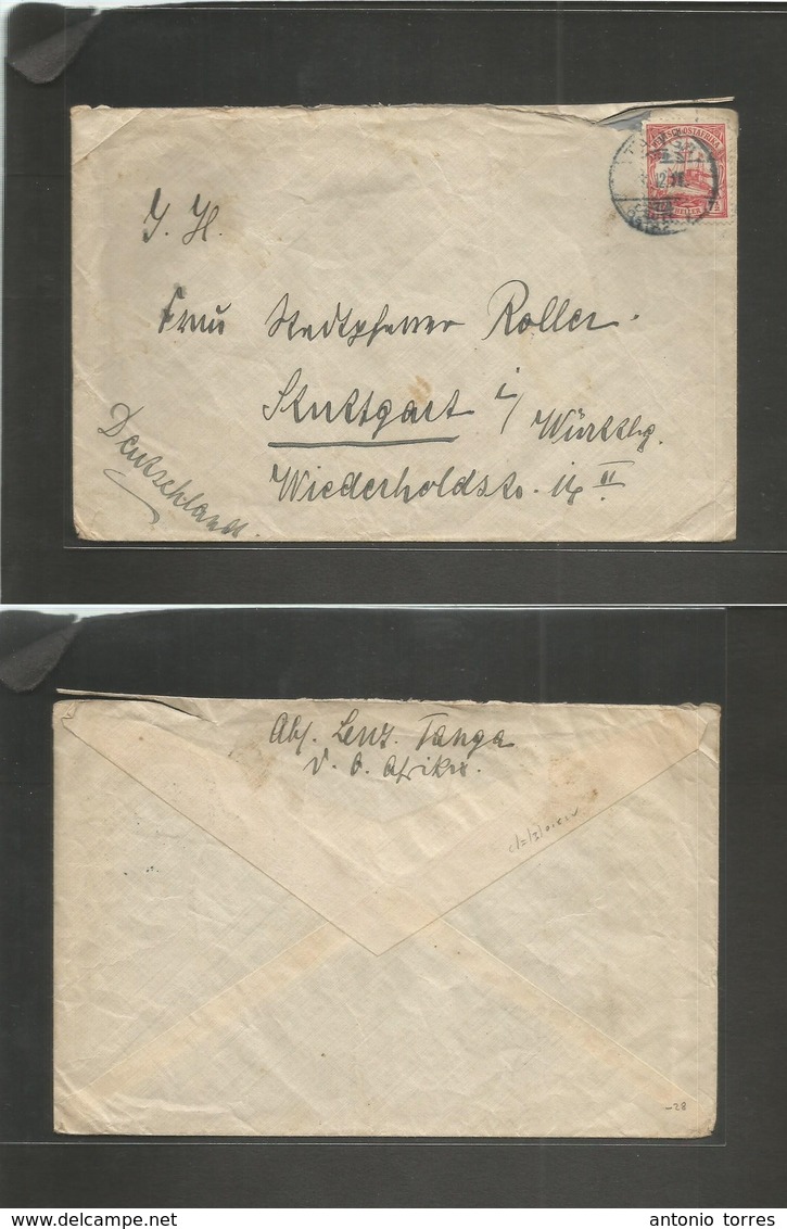 German Col-East Africa. 1911 (31 Dec) Tanga - Germany, Stutgart. Fkd 7 1/h Red Envelope, Tied Cs. Comercial Usage. - Andere & Zonder Classificatie