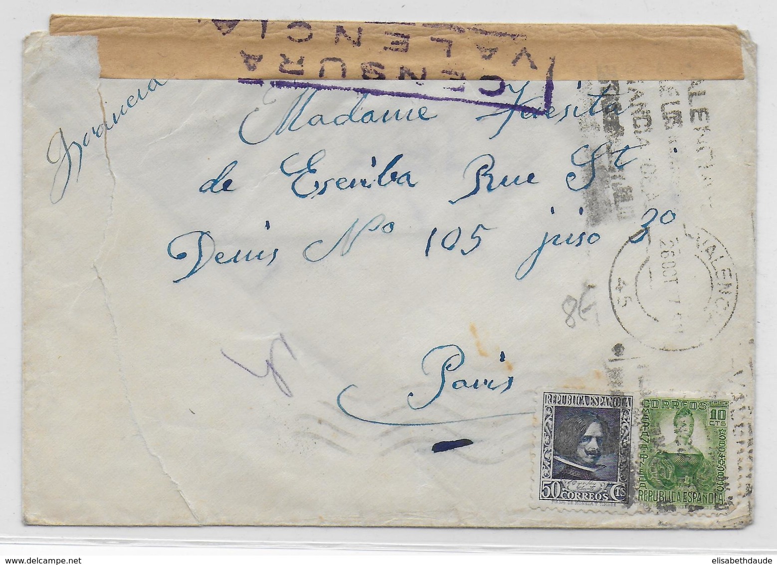 1937 - LETTRE De VALENCIA Avec CENSURE REPUBLICAINE => PARIS - Bolli Di Censura Repubblicana