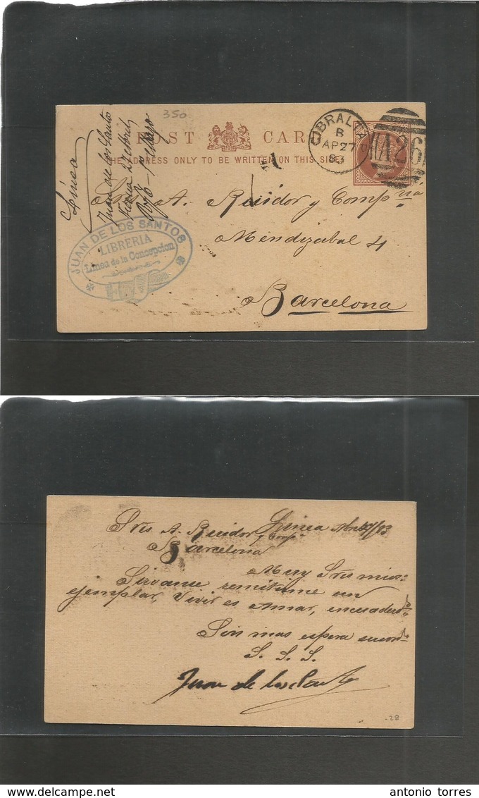 Gibraltar. 1883 (27 Apr) La Linea Concepción Origin - Barcelona, Spain, 1/2d Brown Stat Card QV. Interesting Usage For C - Gibraltar