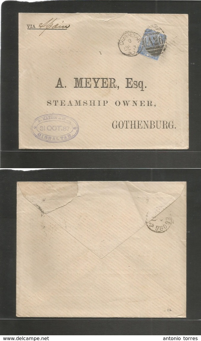 Gibraltar. 1887 (31 Oct) GPO - Sweden, Gothenburg (5 Nov) Via Spain. Fkd Env 2 1/2d Blue QV Tied. - Gibraltar