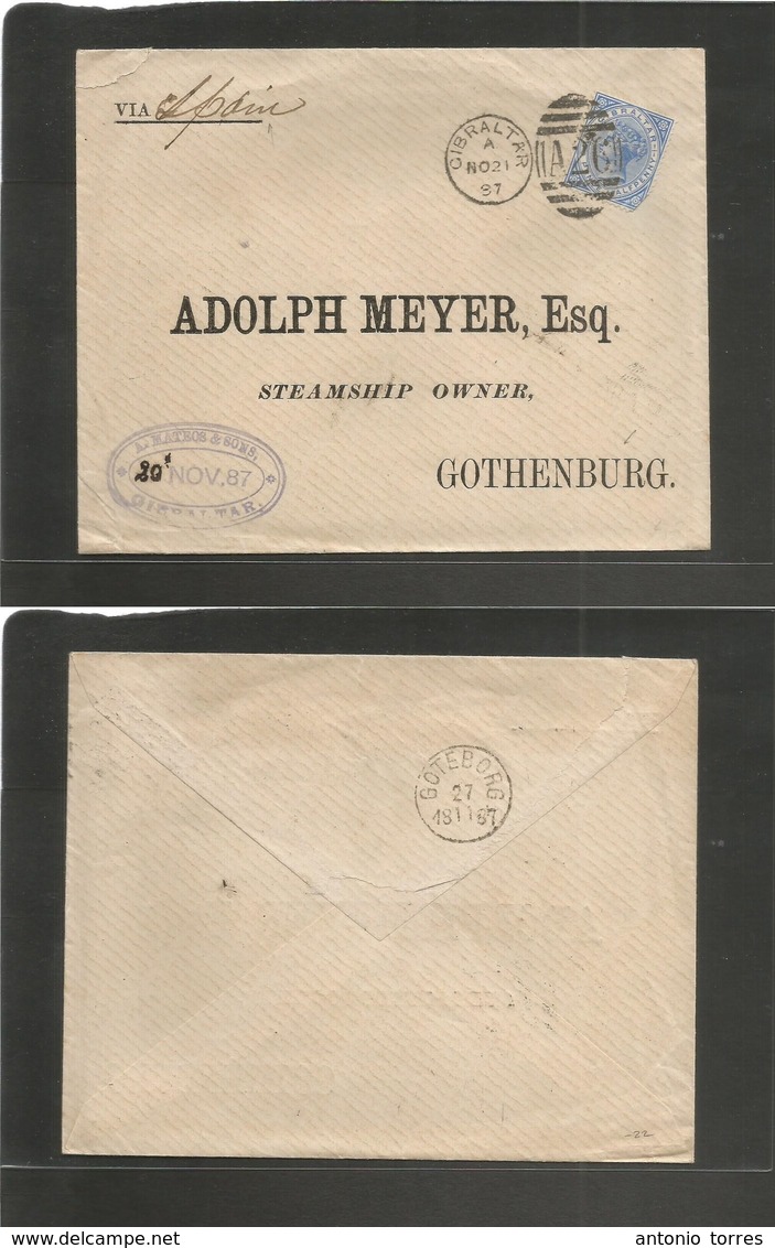 Gibraltar. 1887 (21 Nov) GPO - Sweden, Gotheburg (27 Nov) Fkak Env Via Spain 2 1/2d Blue QV, Tied. - Gibraltar