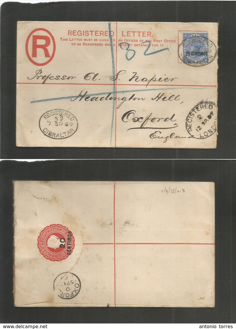 Gibraltar. 1889 (7 Sept) GPO - Oxford, England (12 Sept) Spanish Currency. 20 Centimos Red Stat Env + 25c Adtls. Oval Ca - Gibraltar