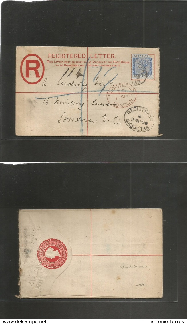 Gibraltar. 1890 (27 May) GPO - UK, London (1 June) Registered 20c Red Stat Env + 25c Blue Tied Oval Ds. Spanish Currency - Gibraltar