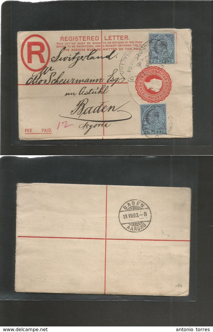 Gibraltar. 1903 (15 July) GPO - Germany, Baden (19 July) Registered QV 2d Red Stat Env + 2 1/2d K. EVII (x2), Oval Ds. V - Gibraltar