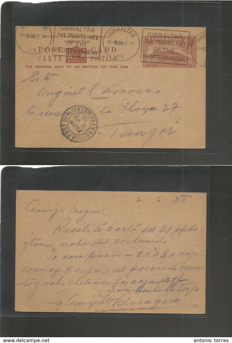 Gibraltar. 1938 (2 June) GPO - Tanger (2 June) 3 1/2d Brown Stat Card, Slogan Cachet + Arrival. VF Usages + BPO Destinat - Gibraltar