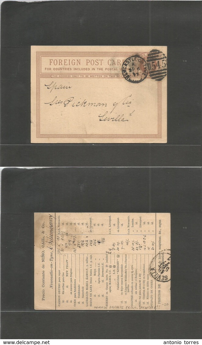 Great Britain - Stationery. 1874 (6 Sept) Newcastle On Type - Spain, Sevilla, Andalucia. 1d Brown Stat Card. Destination - Autres & Non Classés
