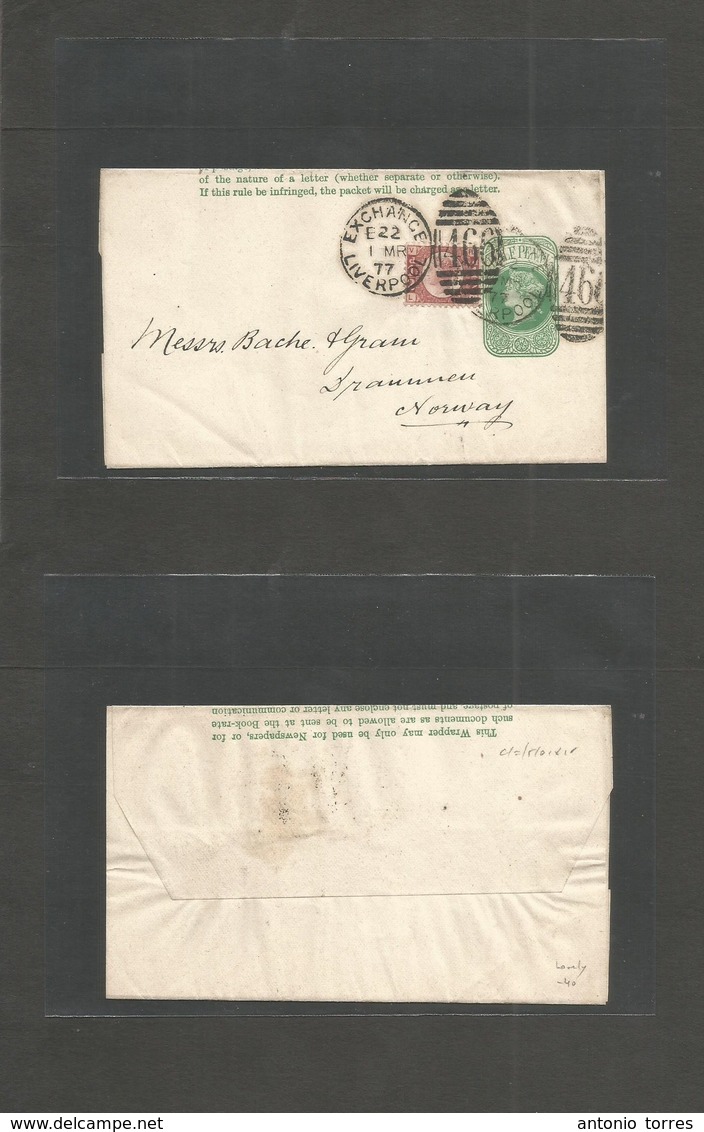 Great Britain - Stationery. 1877 (1 March) Liverpool - Norway, Drammen. 1/2d Green QV Stat Wrapper, 466 Grill + Cds + 1/ - Autres & Non Classés