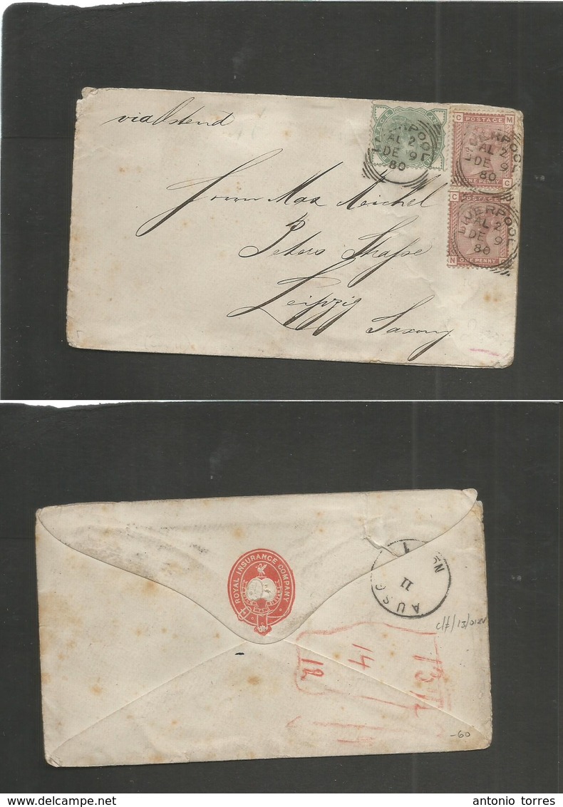 Great Britain. 1880 (Dec 9) Liverpool - Germany, Leipzig, Saxony (11 Dec) Multifkd Env 1/2d Green + 1d Brown Pair, Cds.  - Autres & Non Classés