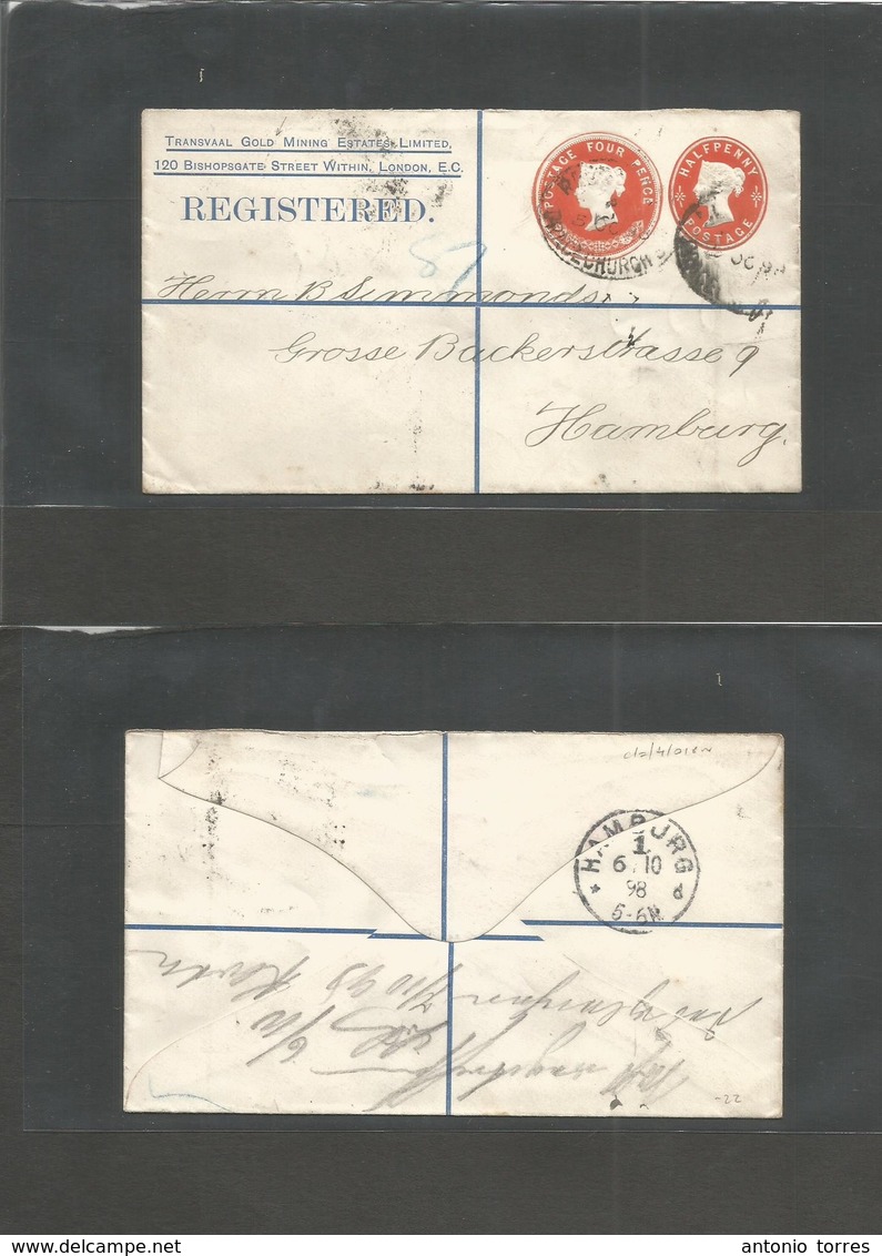 Great Britain - Stationery. 1888 (5 Oct) Grace Church St - Germany, Hamburg (6 Oct) Registered 1/2 D Red + 4d Red Doble  - Autres & Non Classés