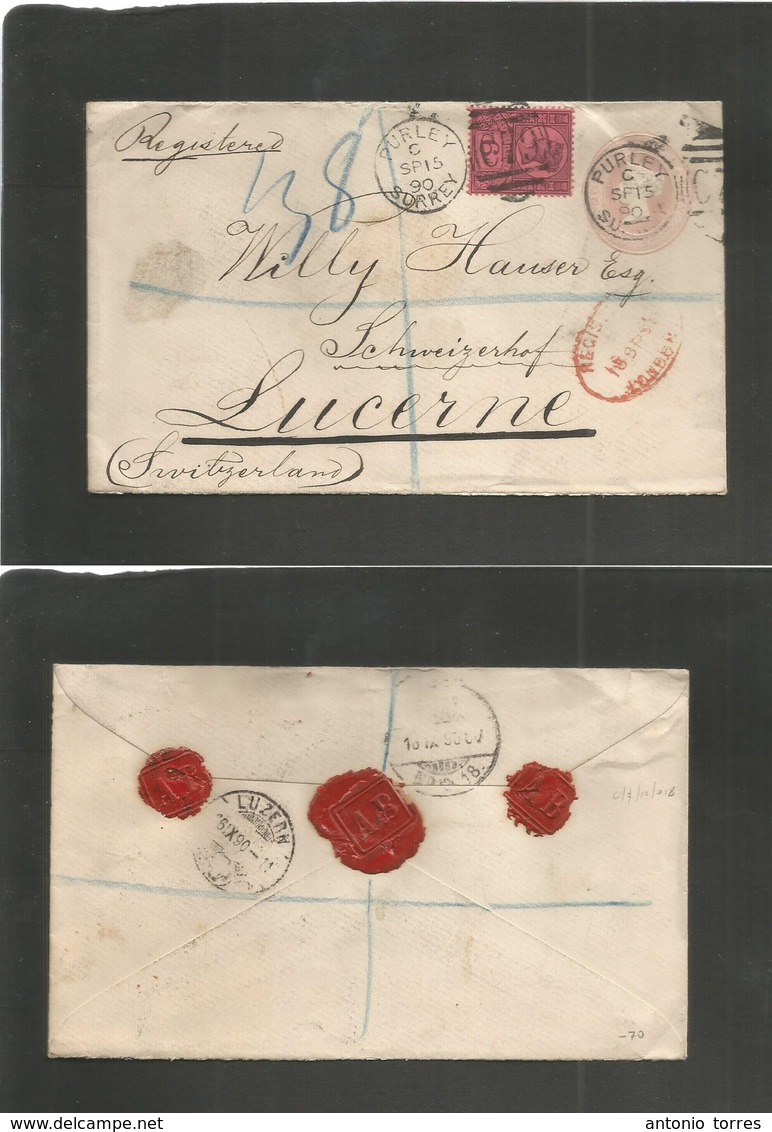 Great Britain - Stationery. 1890 (15 Sept) Purley, Surrey - Switzerland, Luzerne (16 Sept) Registered 1d Rose Embossed S - Autres & Non Classés