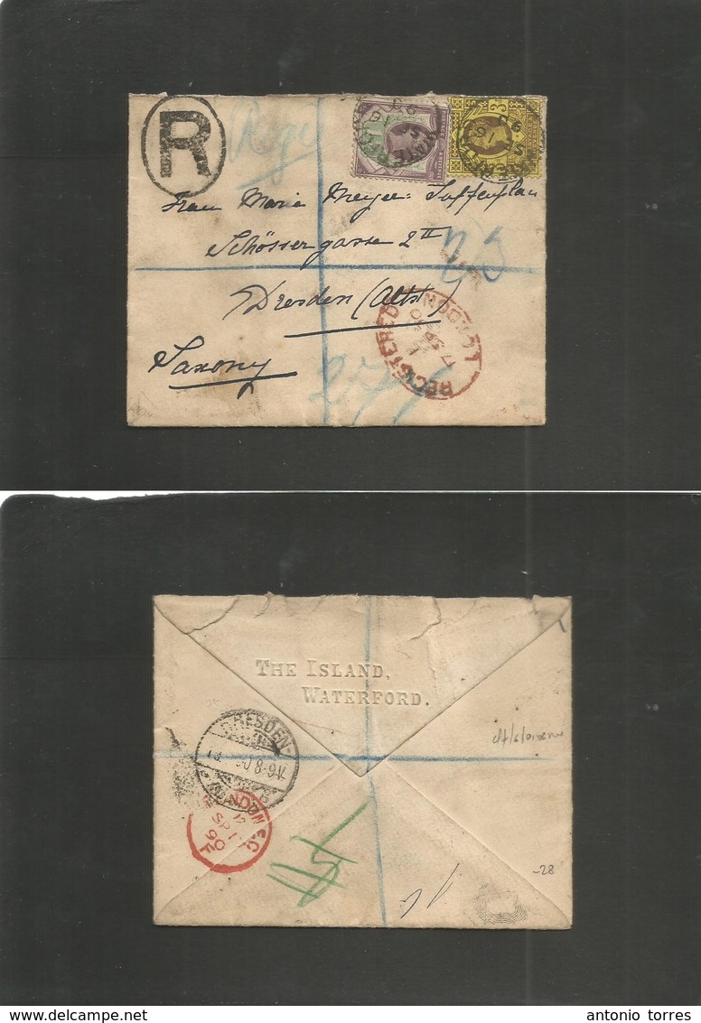 Great Britain. 1890 (16 Sept) Waterford - Germany, Dresden, Saxony (18 Sept) Registered Multifkd Envelope, Cds. - Sonstige & Ohne Zuordnung