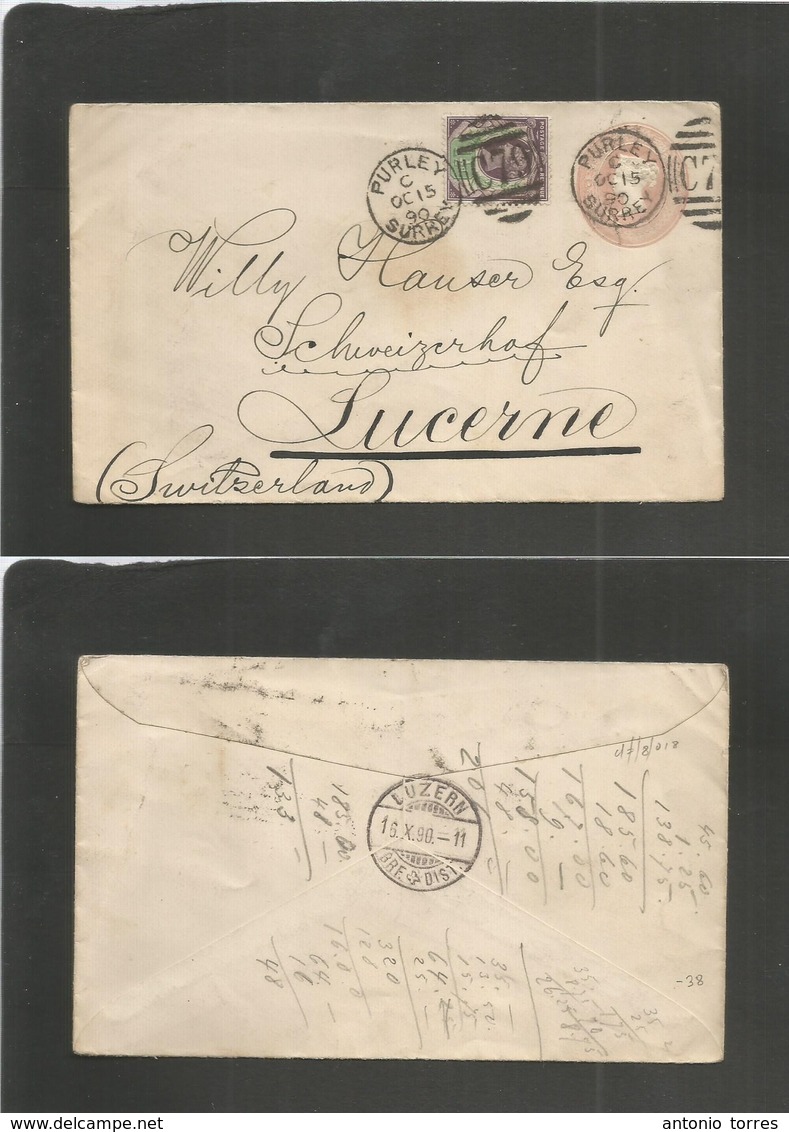 Great Britain - Stationery. 1890 (Oct 15) Purley, Surrey - Switzerland, Luzern (16 Oct) 1d Rose Embossed Stat Env + Adtl - Sonstige & Ohne Zuordnung