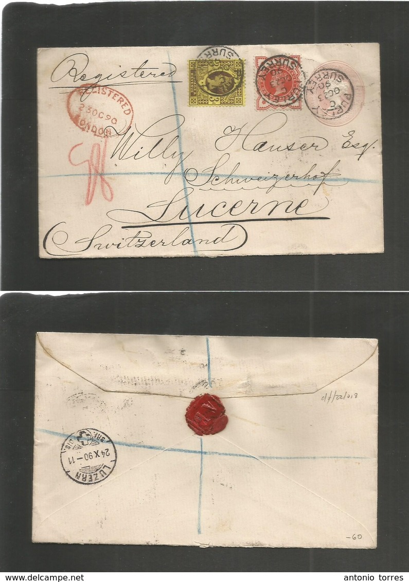 Great Britain - Stationery. 1890 (23 Oct) Purley, Surrey - Switzerland, Luzern (24 Oct) Registered 1d Rose Embossed Stat - Sonstige & Ohne Zuordnung