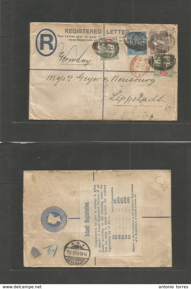 Great Britain. 1891 (13 Oct) Lombard St - Germany, Lippstadt (14 Oct) Registered 2d Blue Stat Env + 4 Adtls. QV, Perfin  - Sonstige & Ohne Zuordnung