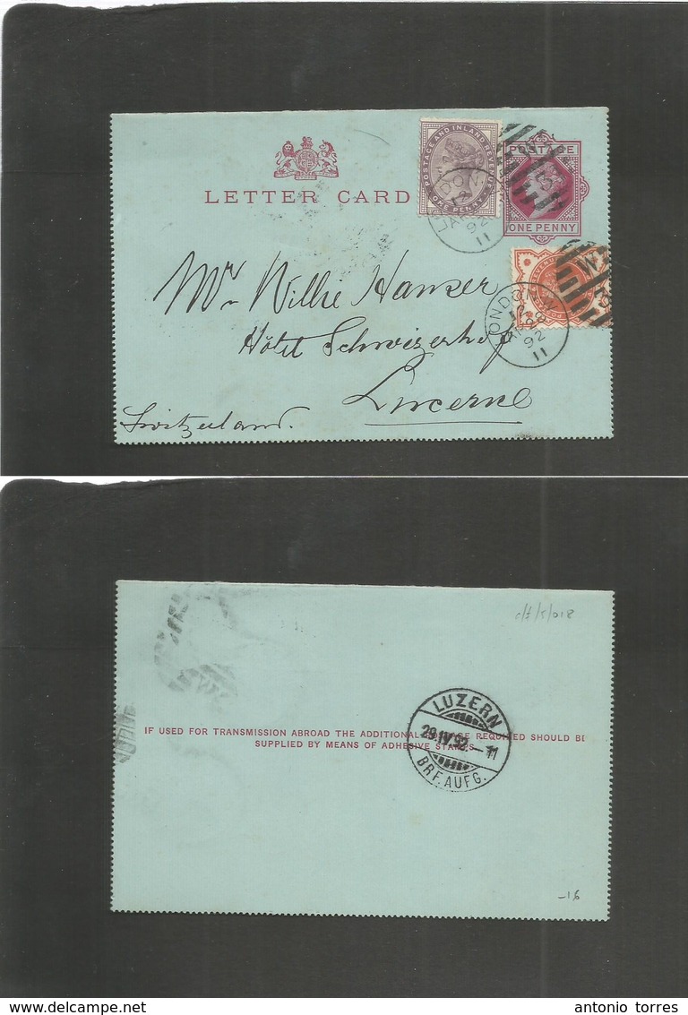 Great Britain - Stationery. 1892 (Apr 28) London - Switzerland, Luzern (29 Apr) 1d Red / Bluish Stat Lettersheet + 2 Adt - Andere & Zonder Classificatie
