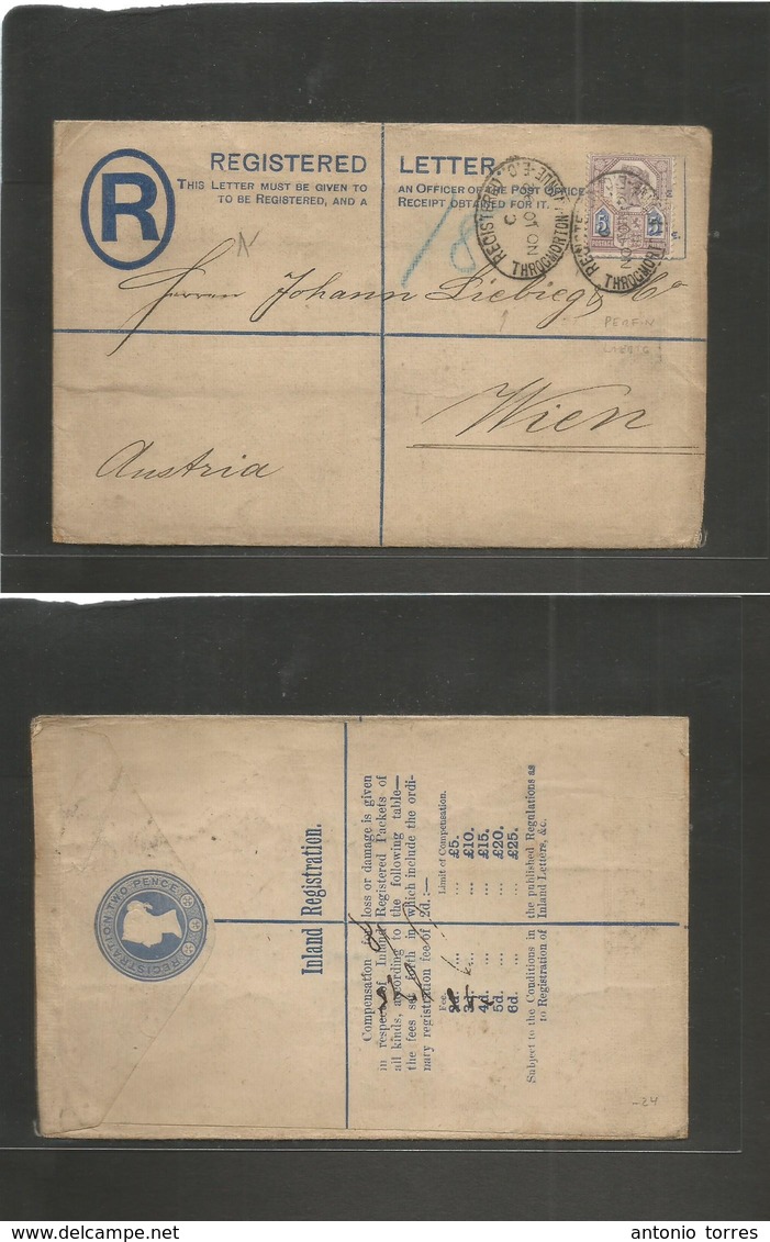 Great Britain - Stationery. 1892 (10 Nov) London, Throgmorton Avenue - Austria, Wien. Registered 2d Blue Stat Env + 5d P - Sonstige & Ohne Zuordnung