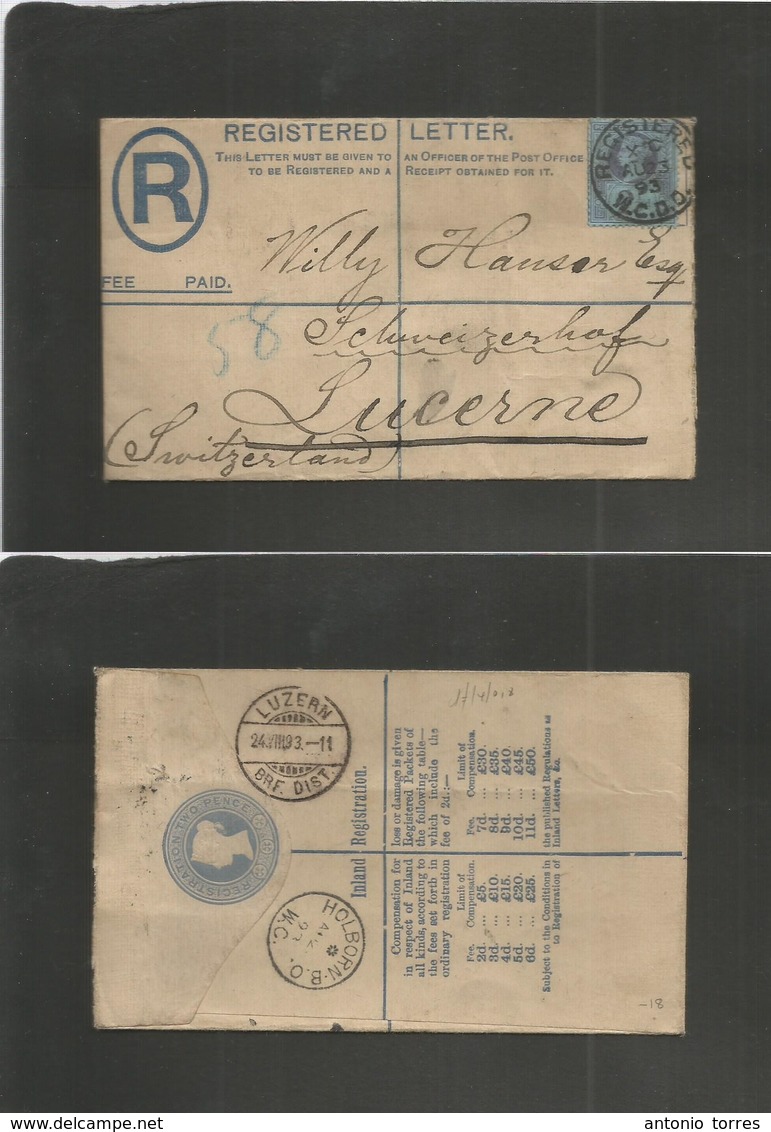 Great Britain - Stationery. 1893 (Aug 23) London W. C - Switzerland, Luzerne (24 Aug) Reegistered 2c Blue QV Stat Env +  - Sonstige & Ohne Zuordnung