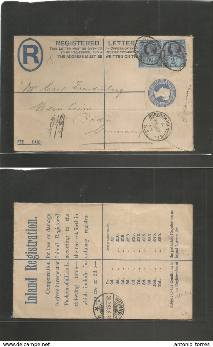 Great Britain - Stationery. 1894 (27 Feb) SE, Borough High St - Germany, Baden, Weinheim (28 Feb) Registered 2d Blue Sta - Autres & Non Classés