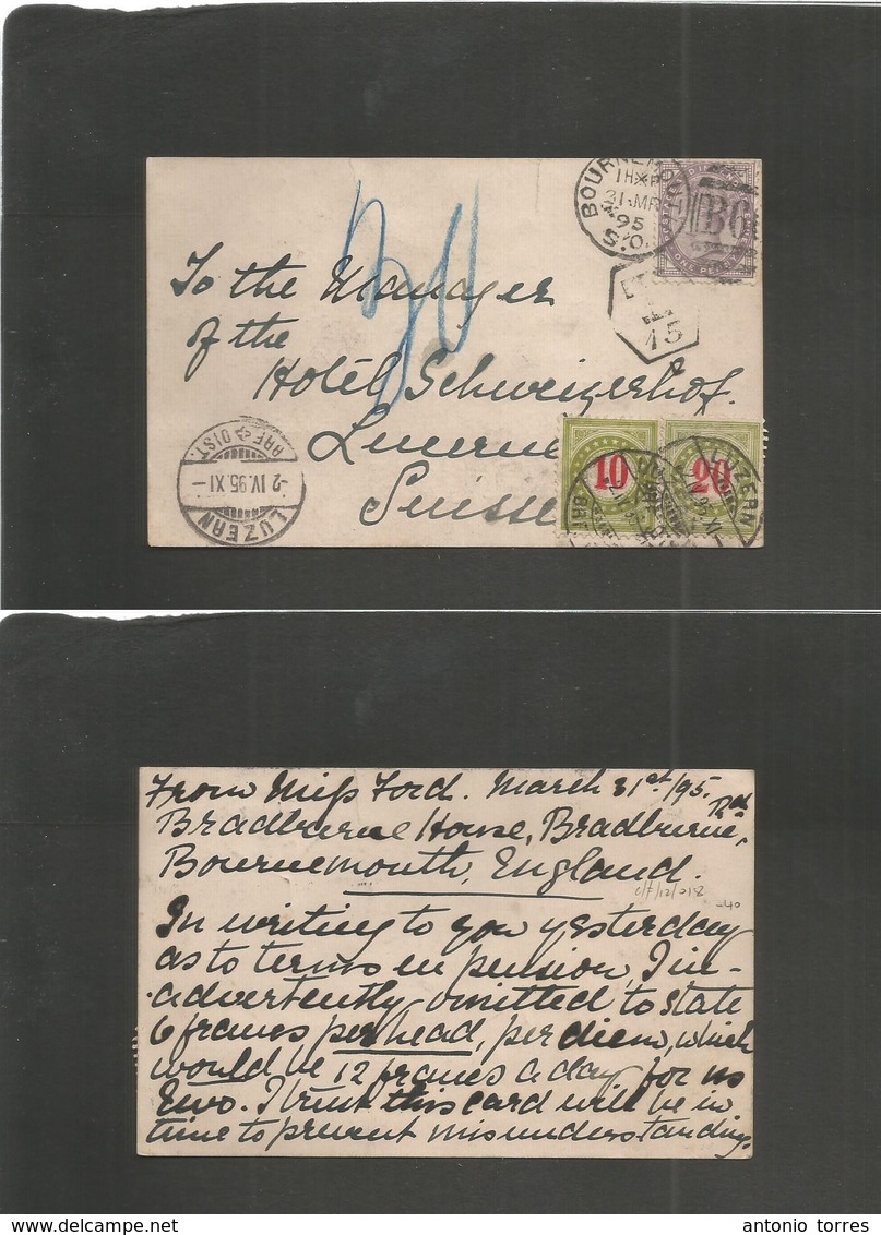 Great Britain. 1895 (31 March) Bournemouth - Switzerland, Luzern (2 June) Fkd 1d Lilac Envelope + Taxed + (x2) Swiss P.  - Autres & Non Classés