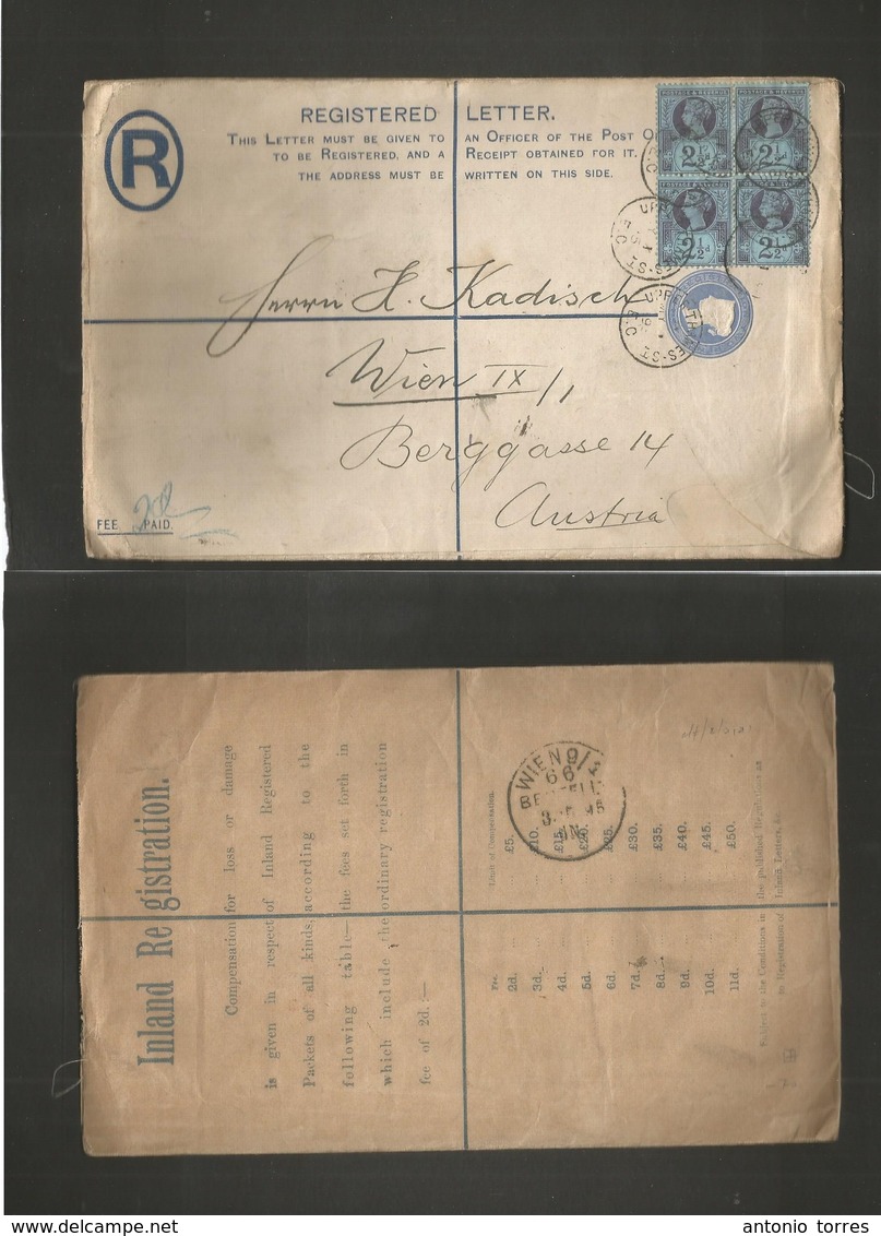 Great Britain. 1895 (May 1) Upper Street EC - Austria, Wien (May 3) Registered 2d Blue Stat Env + Block Of 4 2d Blue Adi - Autres & Non Classés