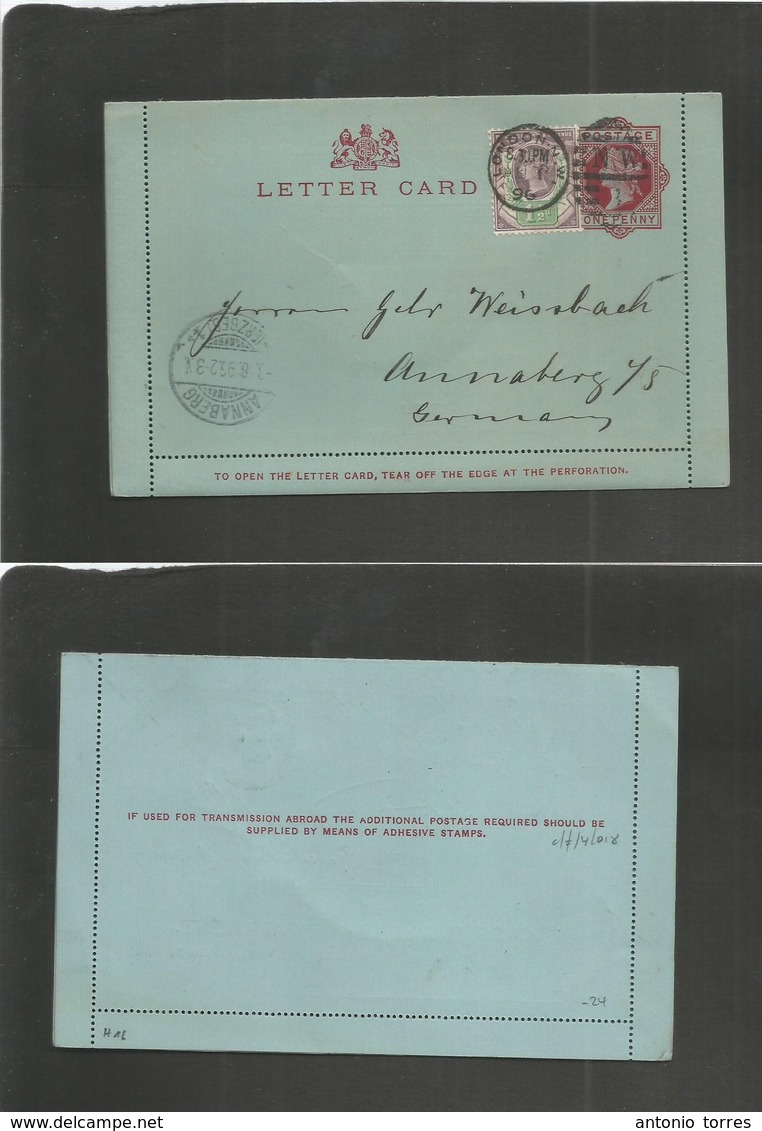 Great Britain - Stationery. 1896 (Aug 1) London - Germany, Annaberg (3 Aug) 1d Red / Bluish Stat Card + 1 1/2d Adlt, Gri - Autres & Non Classés