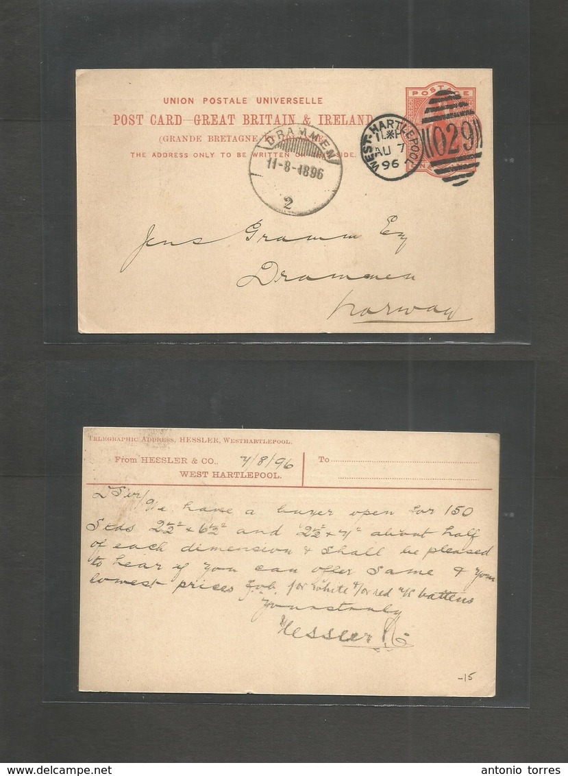 Great Britain - Stationery. 1896 (Aug 7) West Hartlepool - Norway, Dramen (11 Aug) 1d Red Stat Card, Cds + 029 Grill. Fi - Autres & Non Classés