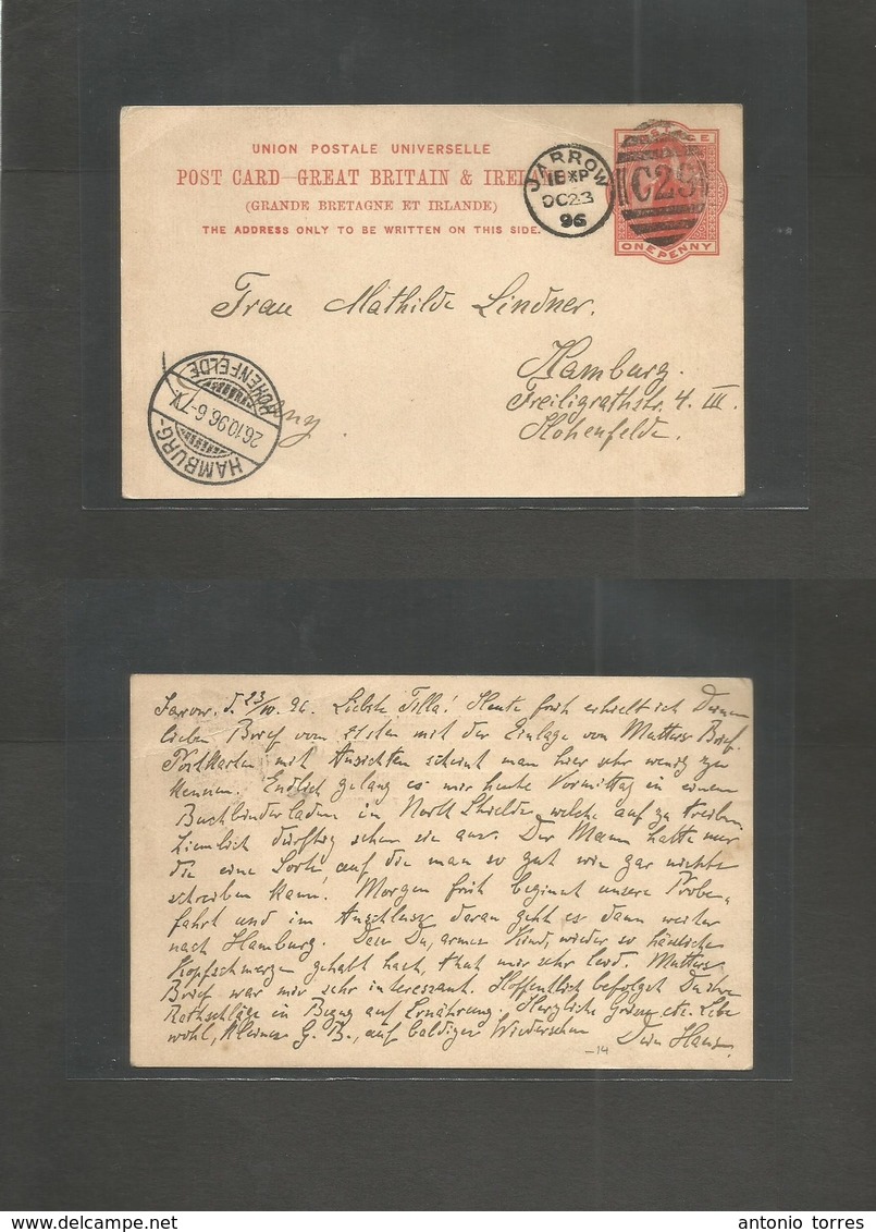 Great Britain - Stationery. 1896 (23 Oct) Jarrow - Germany, Hamburg (26 Oct) 1d Red Stat Card, C-29 + Cds. XF. - Other & Unclassified
