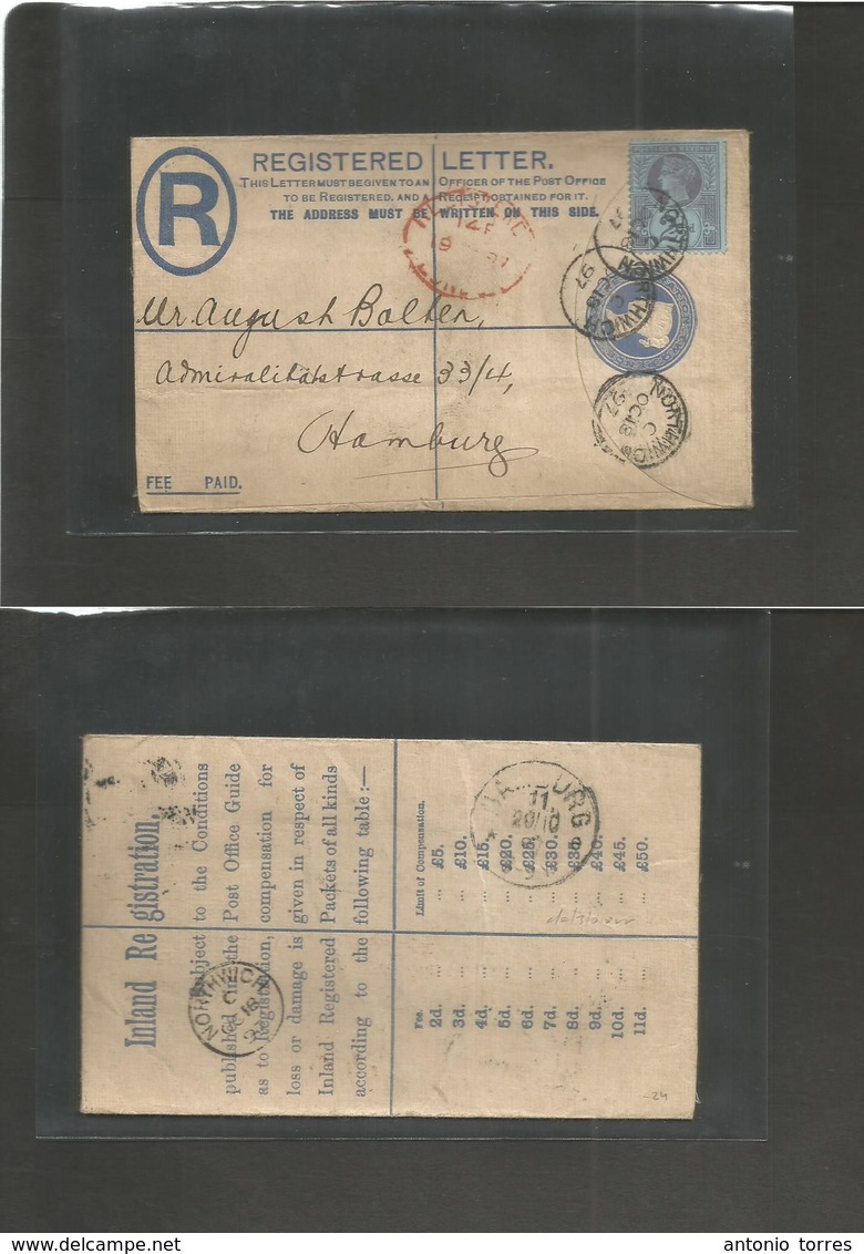 Great Britain - Stationery. 1897 (Oct 18) Northwich - Germany, Hamburg (20 Oct) Registered 2d Blue Stat Env + Adtls, Sma - Altri & Non Classificati