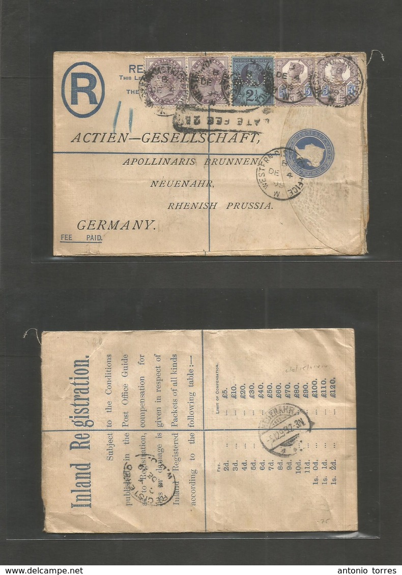 Great Britain. 1899 (dec 4) Western District - Germany, Neuenahr (5 Dec) Registered 2d Blue Stat Env + 5 Adtls, Perfin " - Autres & Non Classés