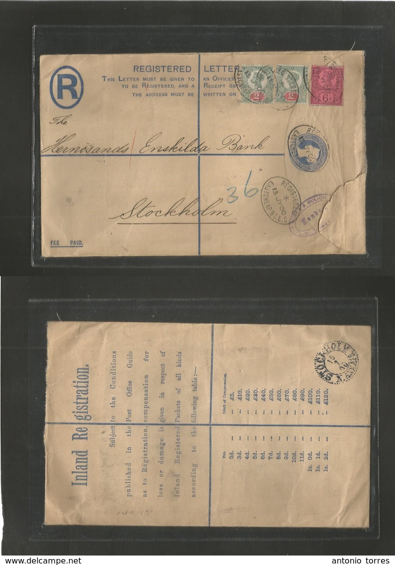 Great Britain - Stationery. 1900 (13 July) Eastcheap - Sweden, Stockholm (15 July) 2d Blue QV Registered Stat Env + 3 Ad - Autres & Non Classés