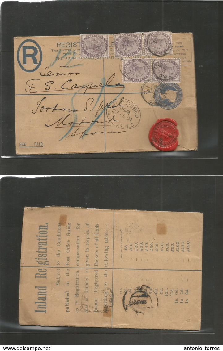 Great Britain - Stationery. 1901 (27 Febr) London - Spain, Madrid (2 March) Registered 2d Blue Stat Env + 5 Adtls (1d Li - Autres & Non Classés