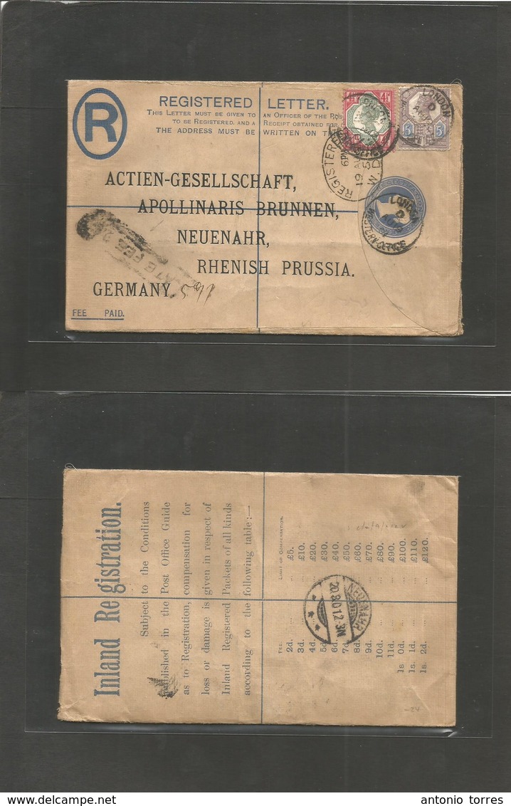 Great Britain - Stationery. 1901 (19 Aug) London WD - Germany, Neuenahr Rhemish Prussia (20 Aug) Registered 2d Blue Stat - Autres & Non Classés