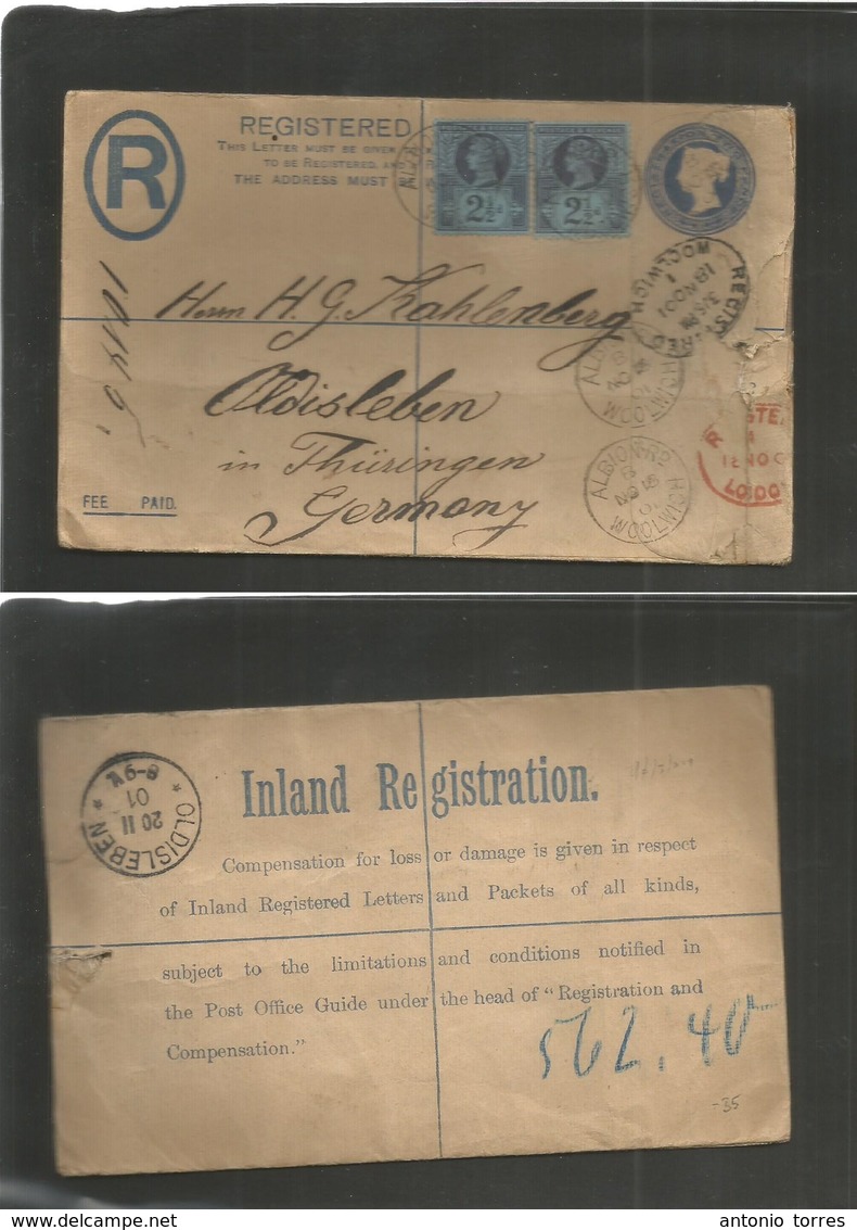 Great Britain. 1901 (18 Nov) Woolwich, Albion Rd - Germany, Oldisleben (20 Nov) Registered 2d Blue Stat Env + 2 Adtls Cd - Sonstige & Ohne Zuordnung