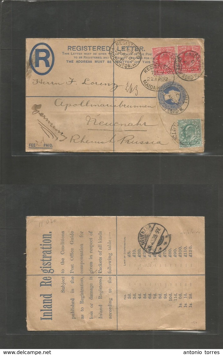 Great Britain - Stationery. 1902 (22 Apr) Maide Hill - Germany, Neuenahr (24 Apr) Registered 2d Blue Stat Env + 3 Adtls  - Autres & Non Classés