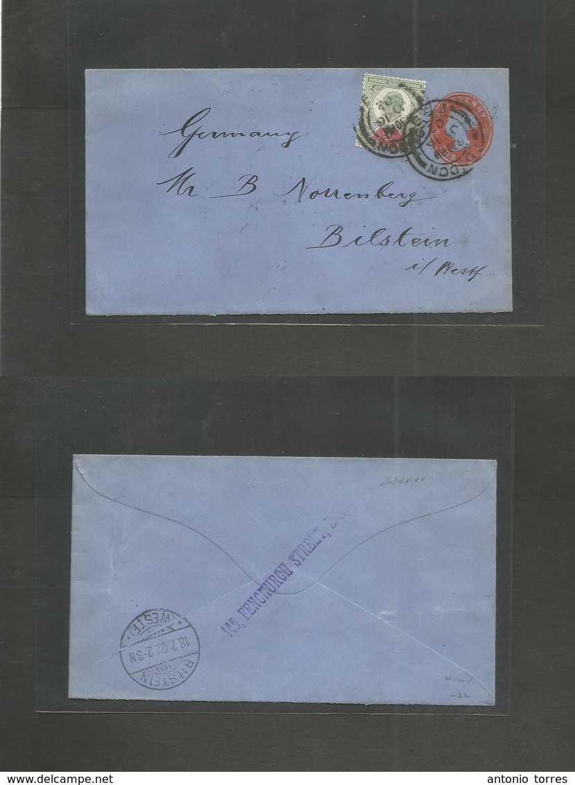 Great Britain - Stationery. 1902 (16 July) London - Bilstein, Germany (18 July) Red 1d / Bluish + Adtl. Mixed Kingdom St - Autres & Non Classés