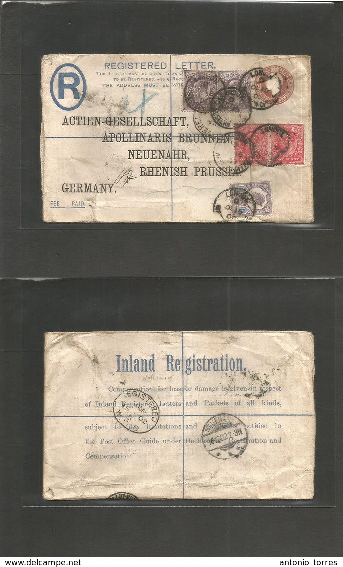 Great Britain - Xx. 1902 (15 Oct) London, Western Office - Germany, Neuenahr (16 Oct) Registered 2d + 1d Brown Stat Env  - Autres & Non Classés