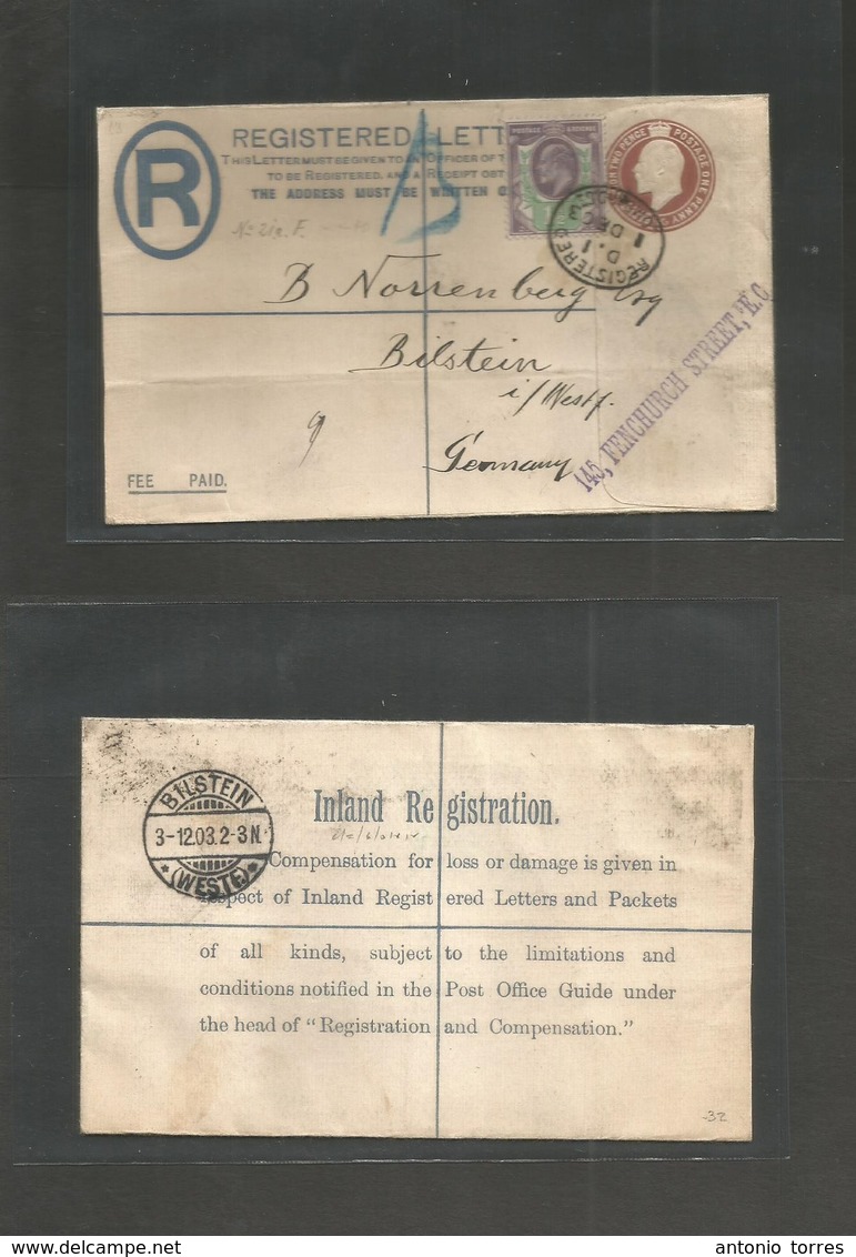 Great Britain - Stationery. 1903 (1 Dec) London - Germany, Bilstein (3 Dec) 1d + 2d Brown Registered Stat Env + Adtl 1 1 - Autres & Non Classés