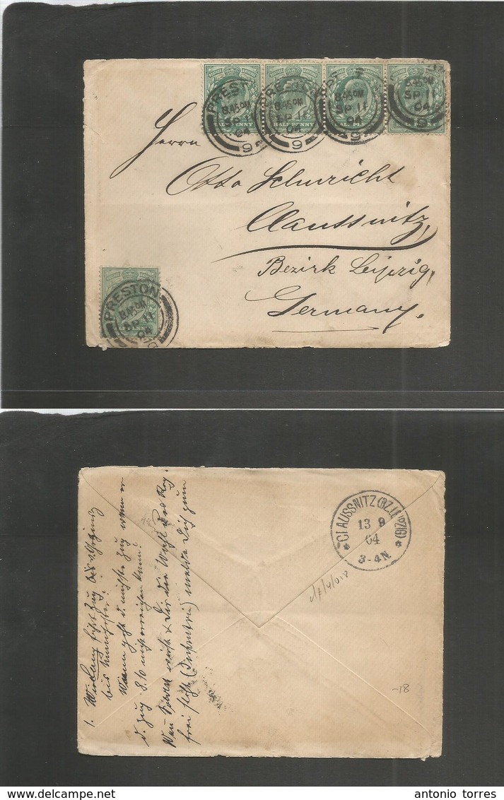 Great Britain - Xx. 1904 (11 Sept) Preston - Claussmitzi, Germany (13 Sept) Multifkd Env 1/2d KEVII (X5) Cds. Fine. - Autres & Non Classés